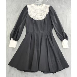 Vintage Ruffled Lace Neck Balloon Sleeve Fit & Flare Dress Size M Black Cream